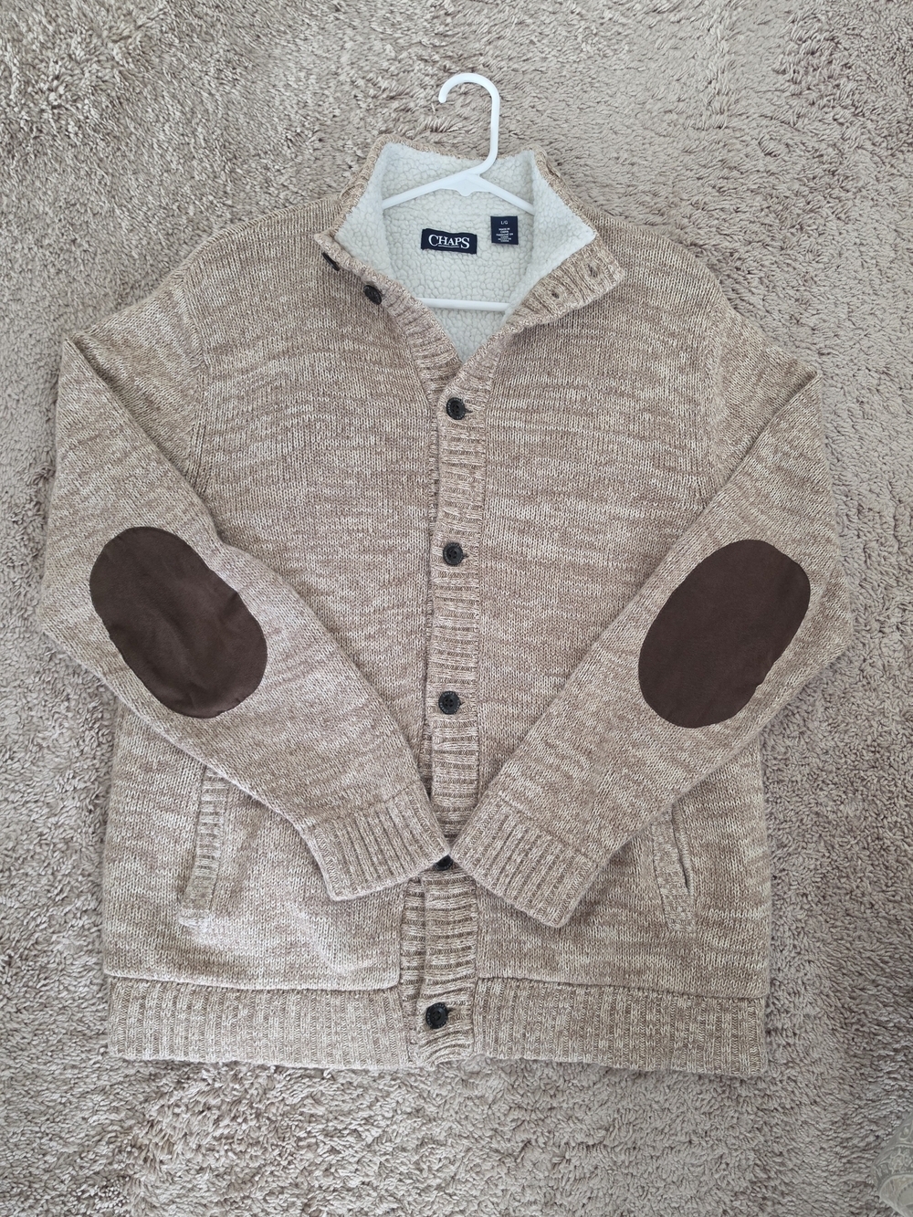 Chaps Beige Marled Button-Up Sherpa-Lined Sweater with Suede Elbow Patches